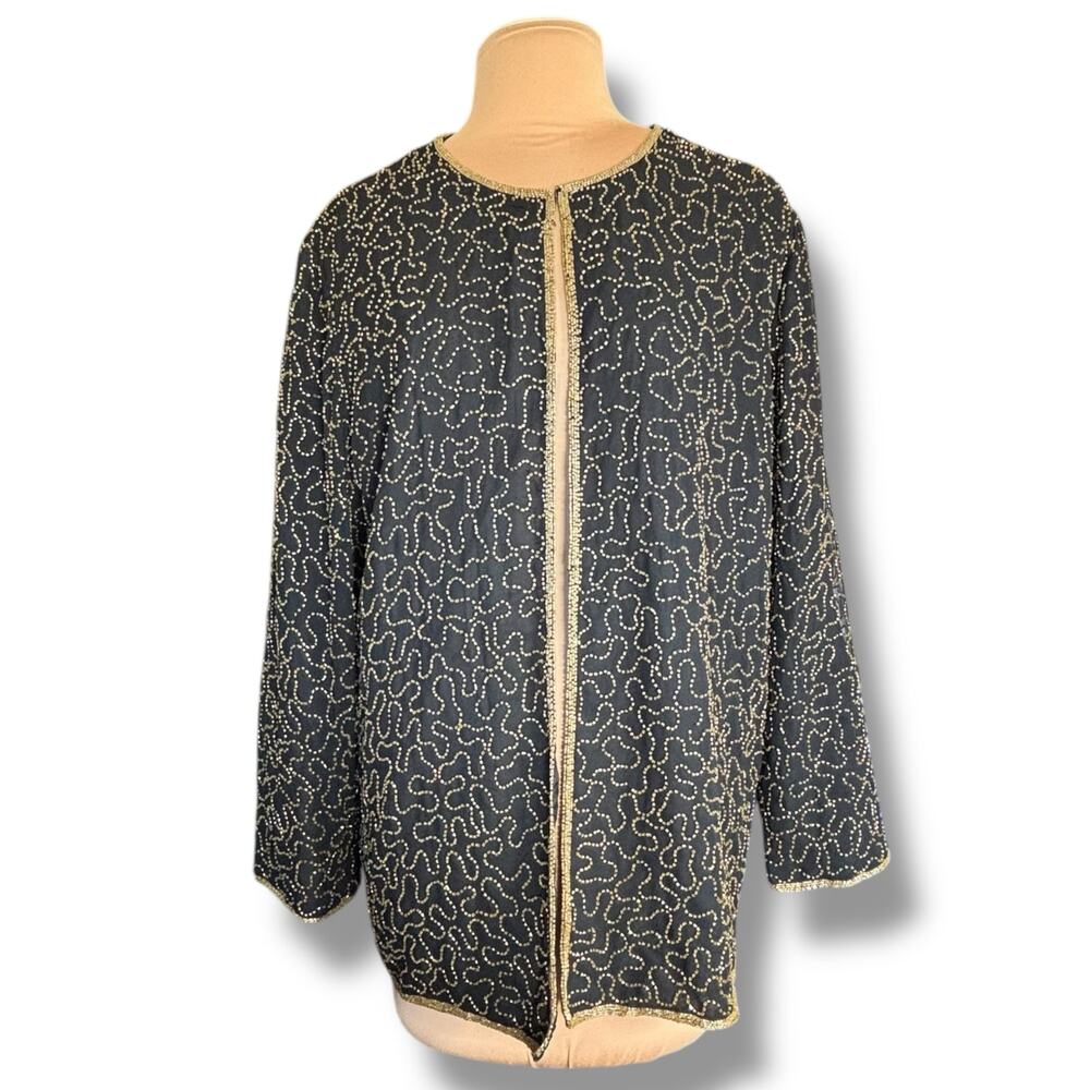 Vintage 90s Black Beaded Jacket Plus Size Metallic Gold Sequin Partywear Evening